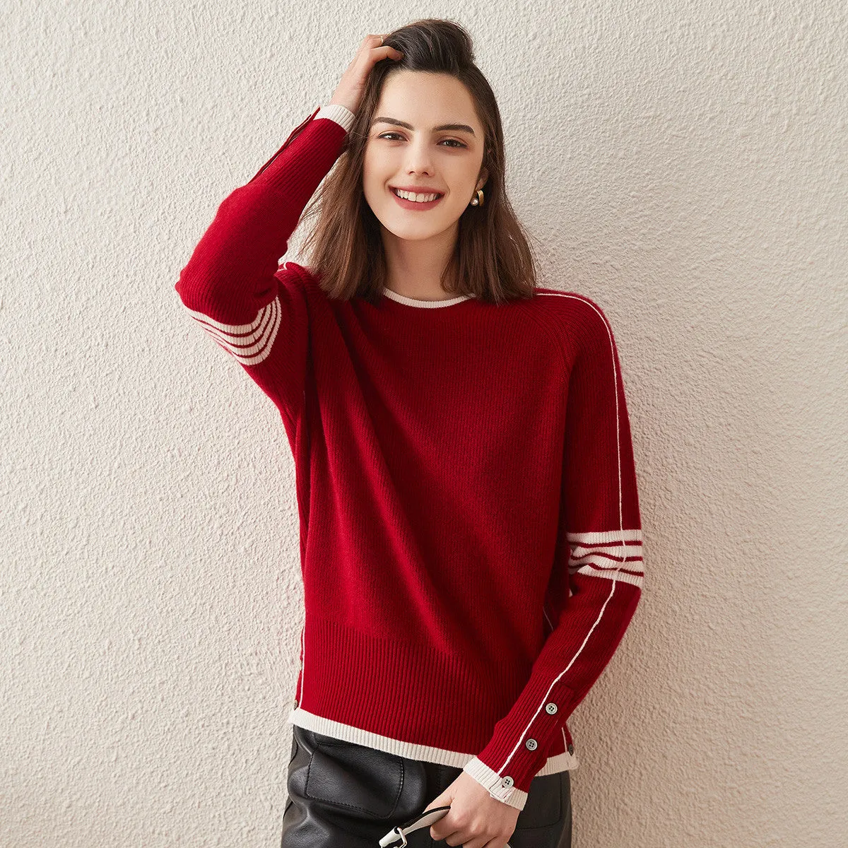 100% Cashmere Striped Sleeve Round Neck Sweater