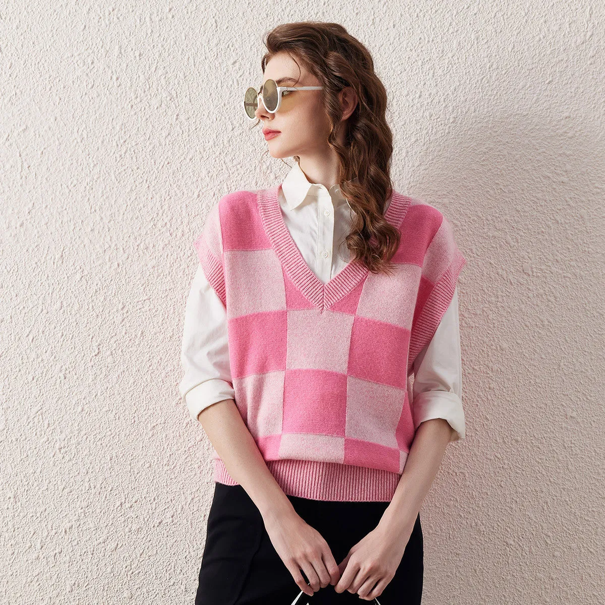 100% Wool Pink Checkered Knit Vest