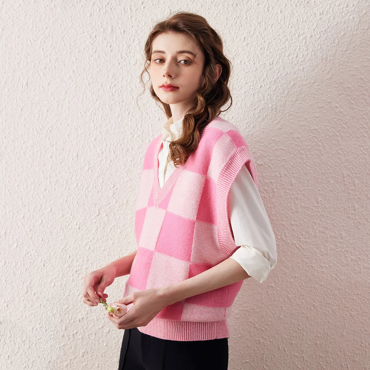 100% Wool Pink Checkered Knit Vest