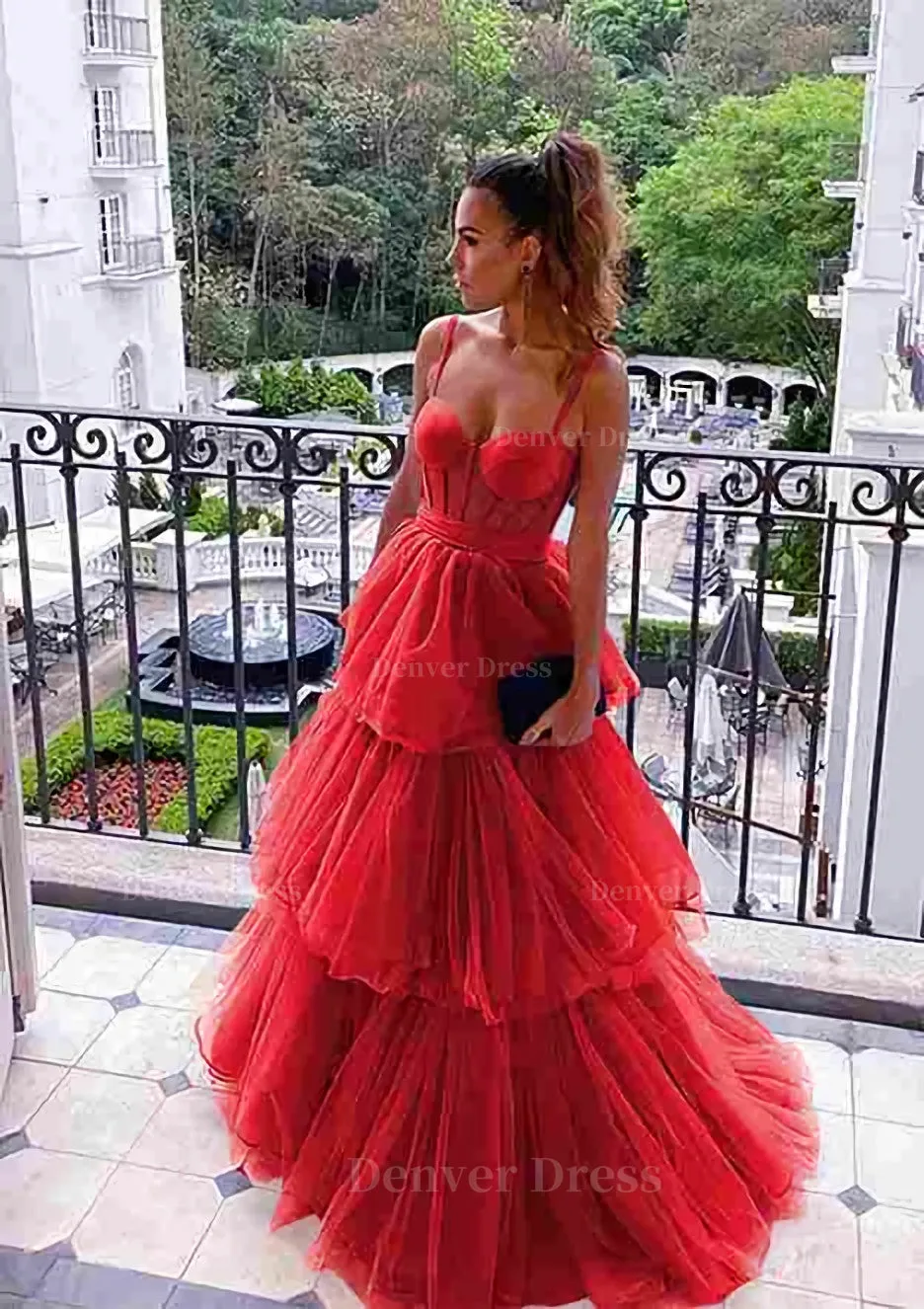 A-line Sweetheart Sleeveless Long/Floor-Length Tulle Prom Dresses With Ruffles