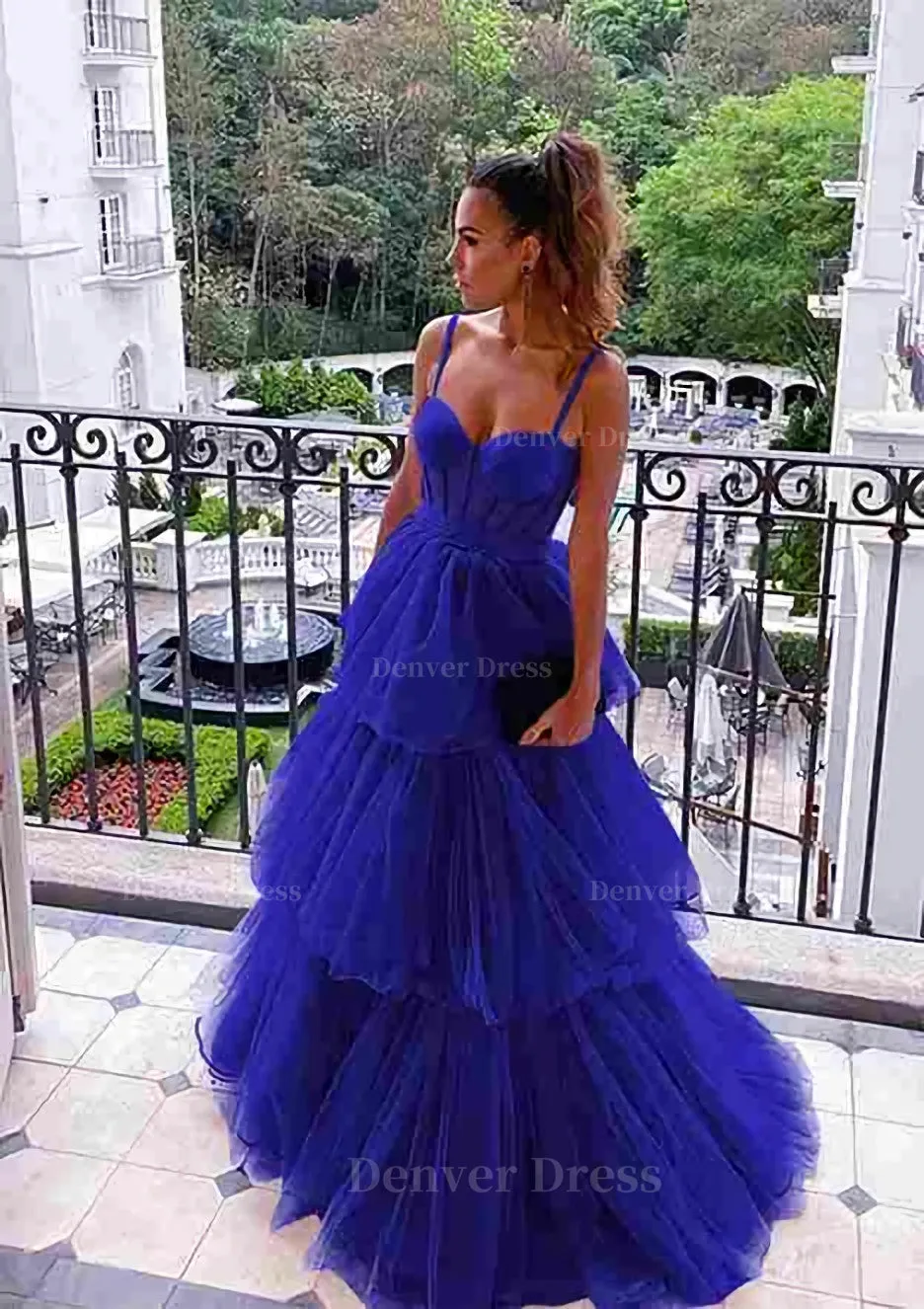 A-line Sweetheart Sleeveless Long/Floor-Length Tulle Prom Dresses With Ruffles