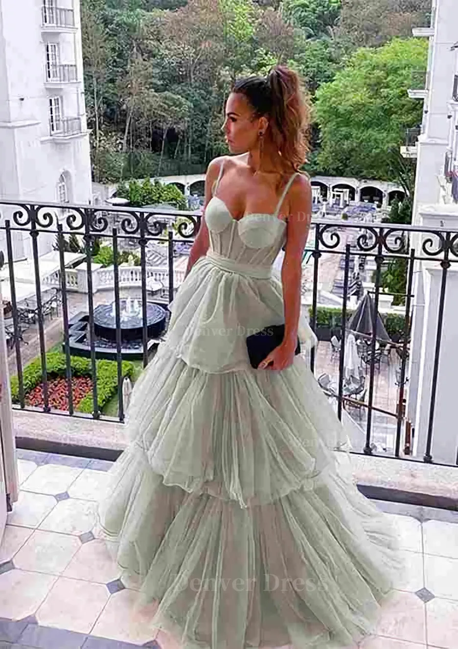 A-line Sweetheart Sleeveless Long/Floor-Length Tulle Prom Dresses With Ruffles