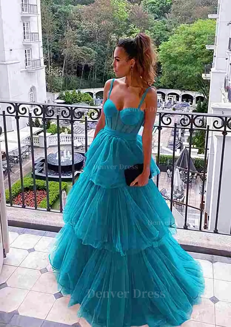 A-line Sweetheart Sleeveless Long/Floor-Length Tulle Prom Dresses With Ruffles