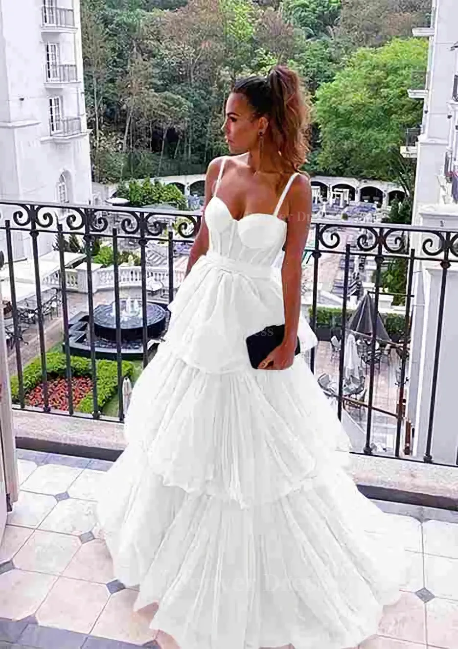 A-line Sweetheart Sleeveless Long/Floor-Length Tulle Prom Dresses With Ruffles