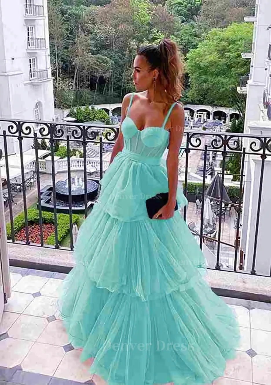 A-line Sweetheart Sleeveless Long/Floor-Length Tulle Prom Dresses With Ruffles