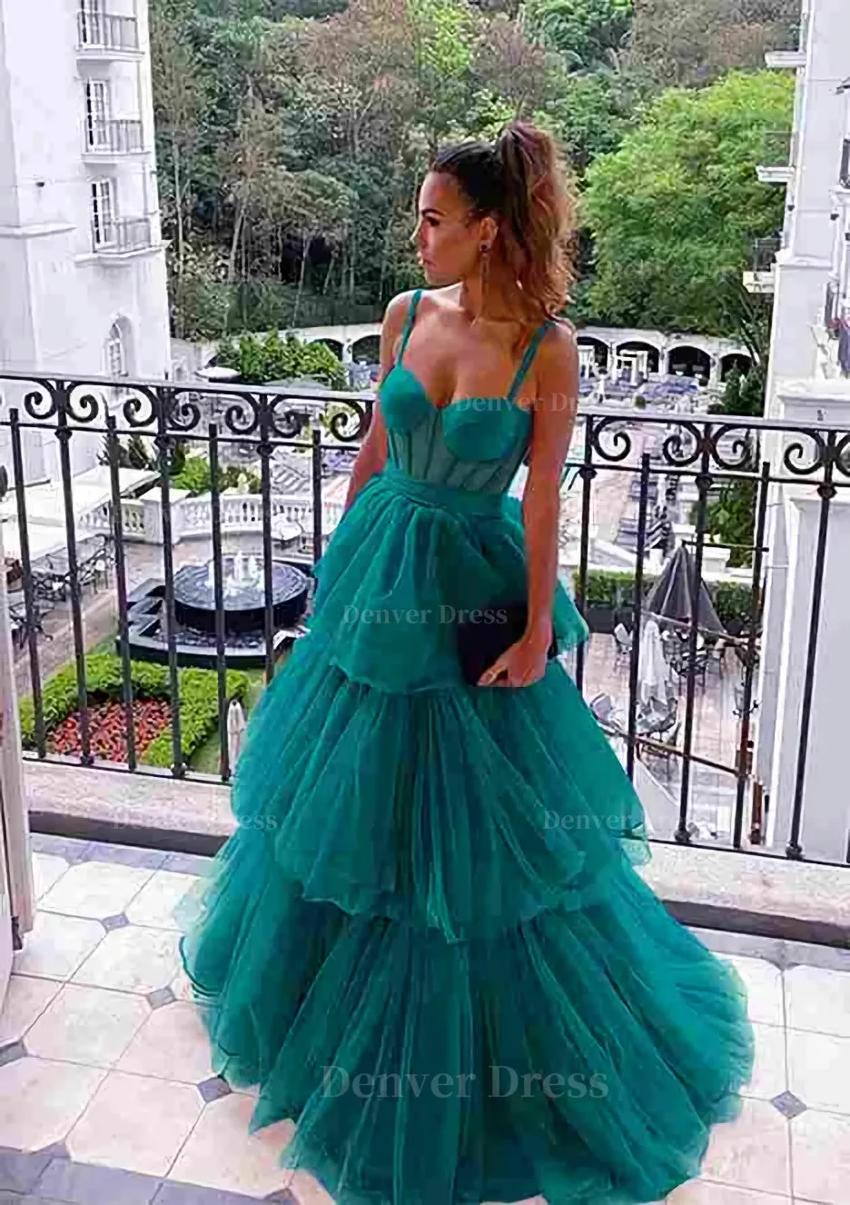 A-line Sweetheart Sleeveless Long/Floor-Length Tulle Prom Dresses With Ruffles