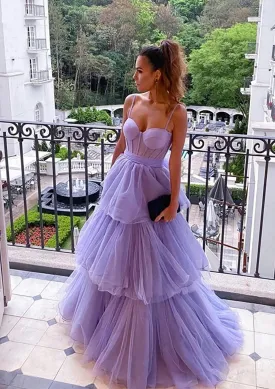 A-line Sweetheart Sleeveless Long/Floor-Length Tulle Prom Dresses With Ruffles