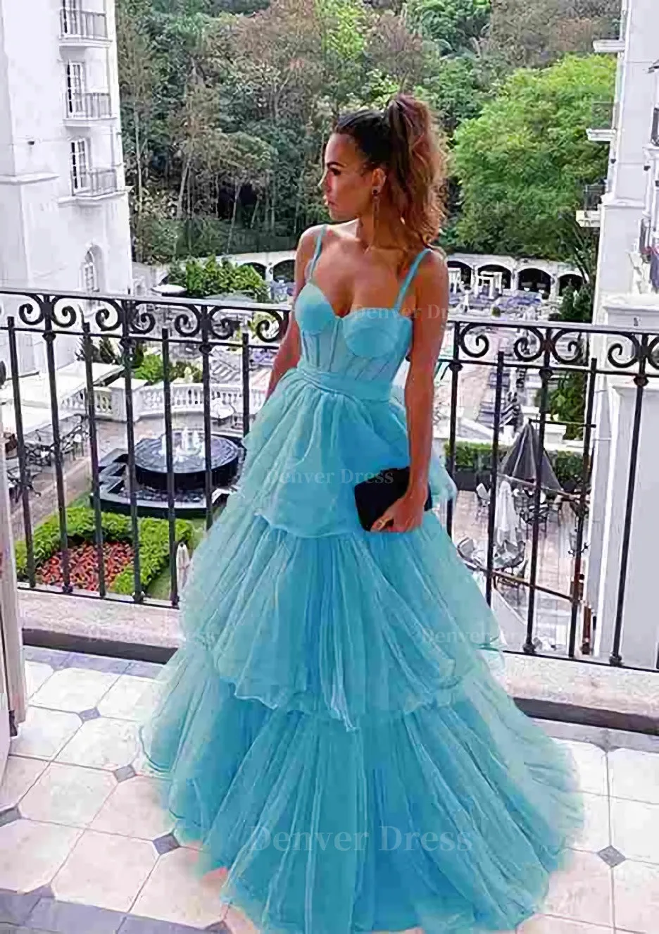 A-line Sweetheart Sleeveless Long/Floor-Length Tulle Prom Dresses With Ruffles