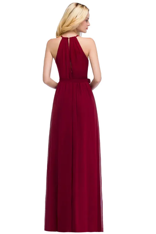 Beautiful Halter Ruffle Chiffon Aline Bridesmaid Dress with Sash?Simple Wedding Guest Dress