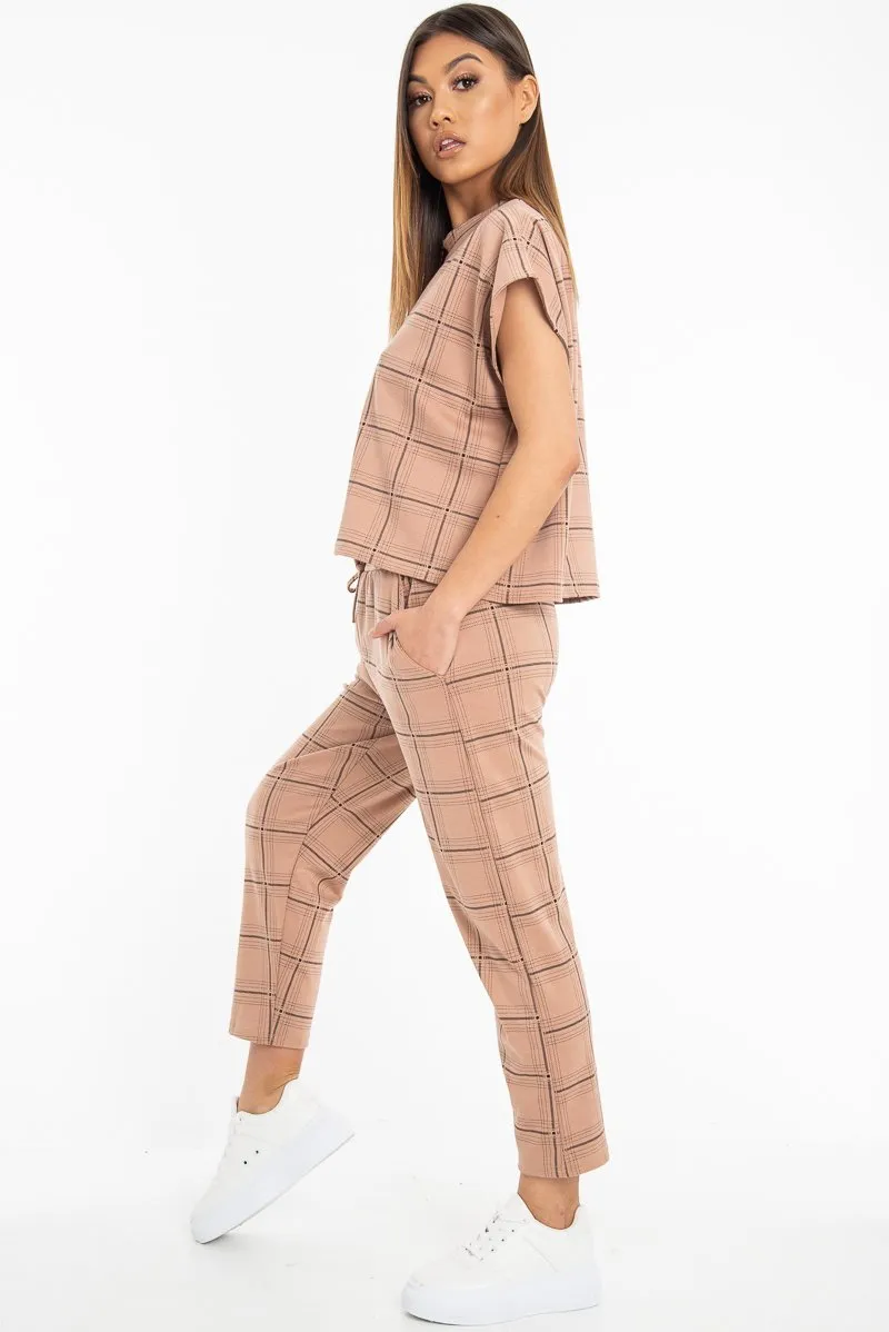 Beige Check Short Sleeve Top and Jogger Set - Aimy