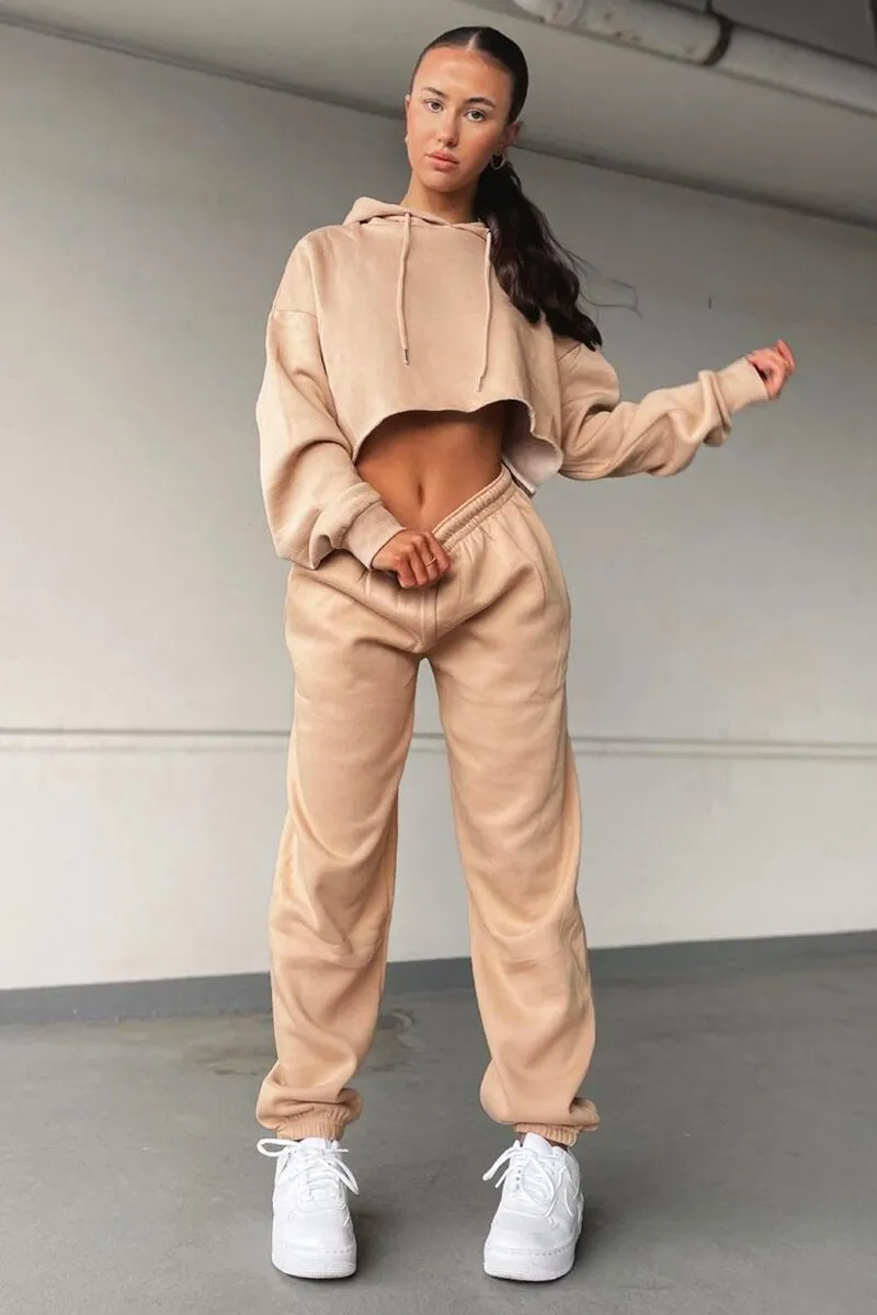 Beige Cropped Oversized Hoodie and Joggers Co-ord - Karenza