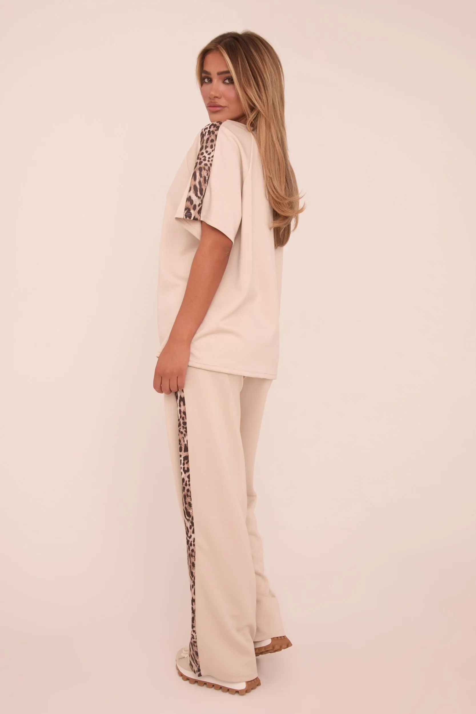 Beige Leopard Trim Oversized T-shirt & Straight Leg Joggers Loungewear Set - Elizabeth