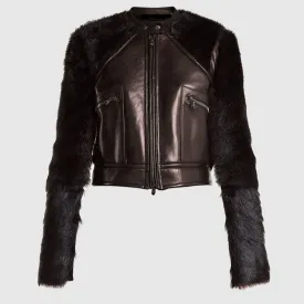 Best Winter Contrast-Sleeve Leather & Shearling Biker Jacket