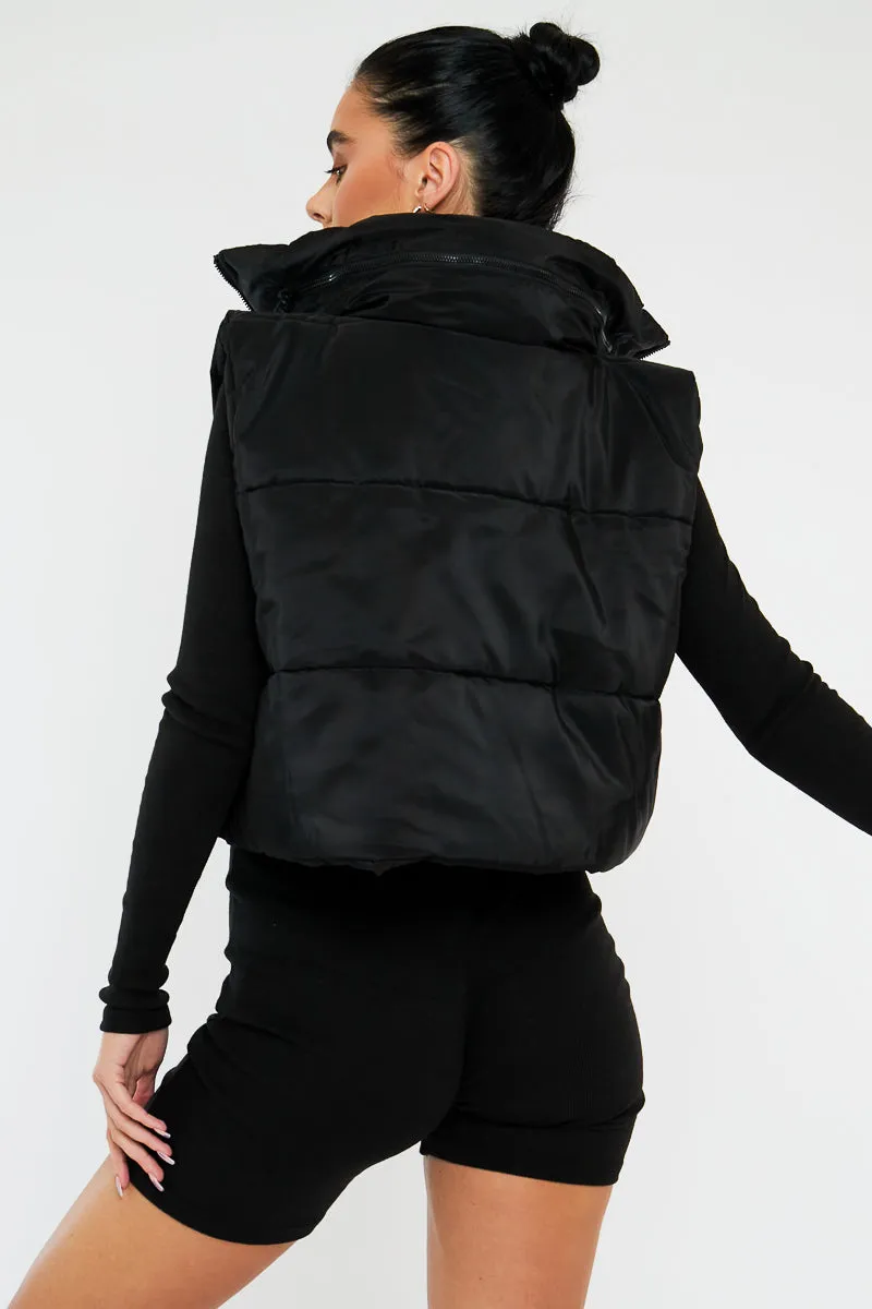 Black Cropped Hooded Puffer Gilet - Chani