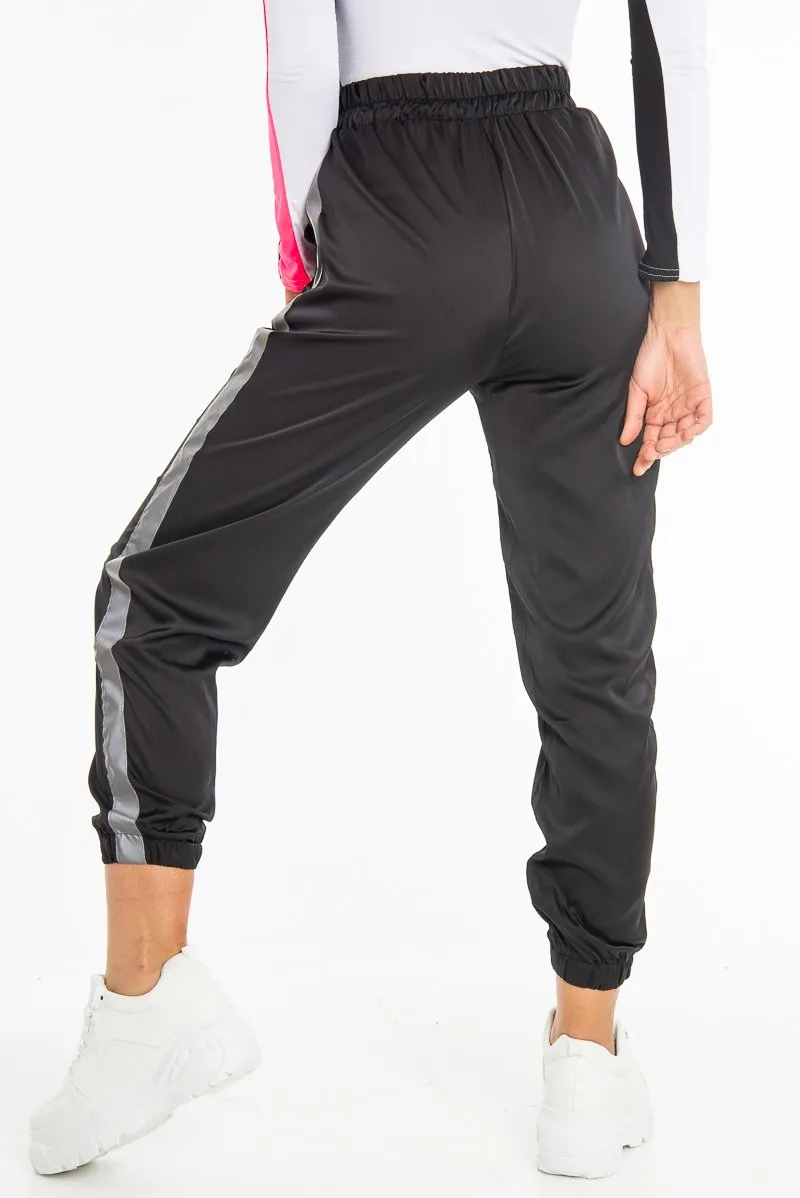 Black Reflective Stripe Detail Joggers - Rosealee