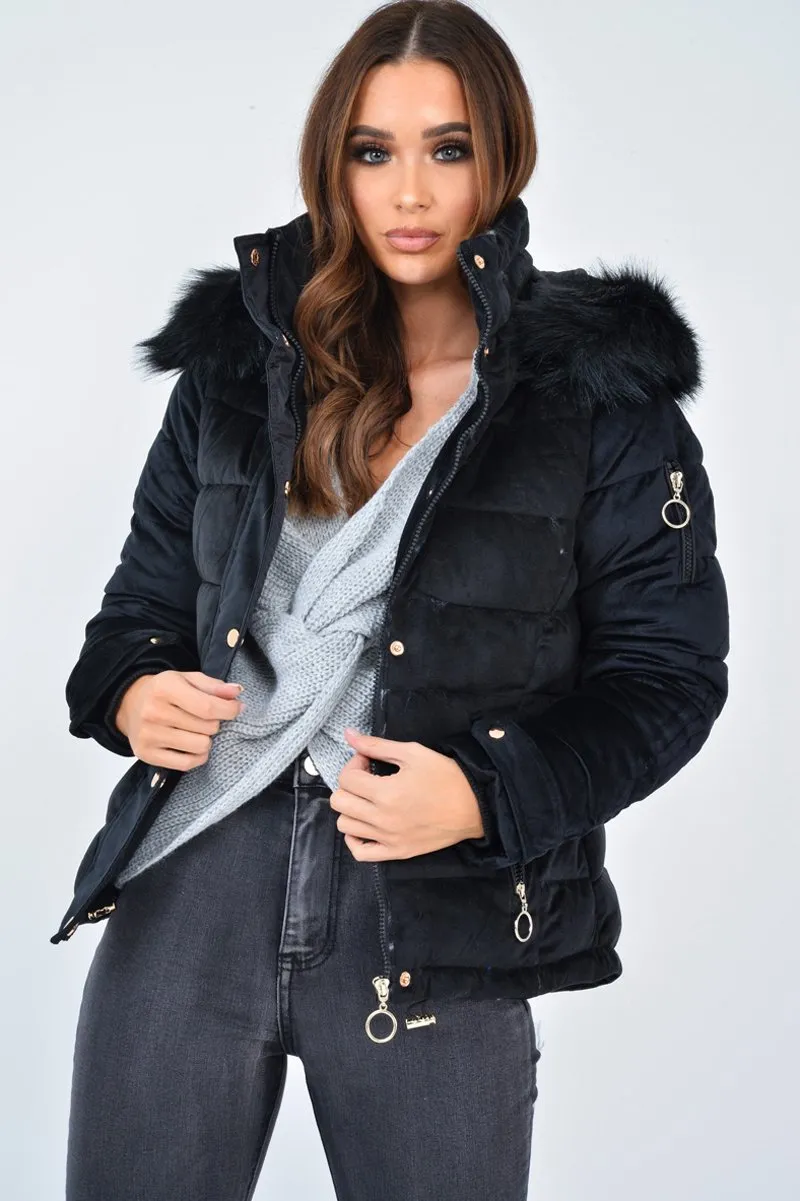 Black Velour Fur Hood Puffer Jacket - Eastlynn