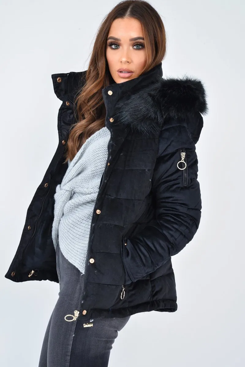 Black Velour Fur Hood Puffer Jacket - Eastlynn