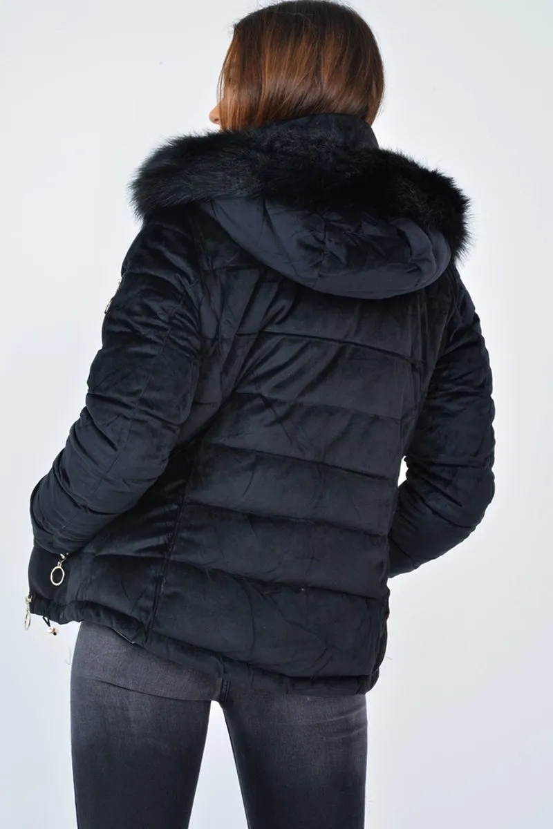 Black Velour Fur Hood Puffer Jacket - Eastlynn