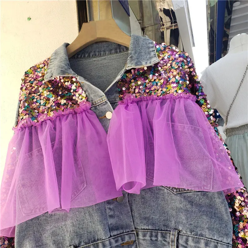 Blue Short Denim Coat Sequin Tie-dye Net Yarn Splicing Jean Jacket