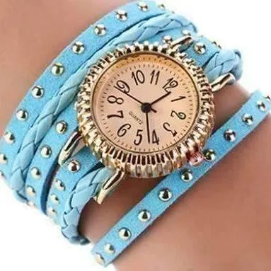 Bohemian Leather Wrap Bracelet Watch in Sky Blue