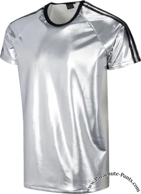 Bruno Silver Shiny PVC Vinyl PU Plastic 3-Stripe T-Shirt