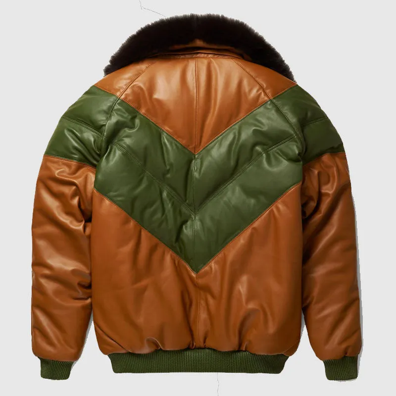 Buy Genuine Quality Brown-Green Leather Two Tone V Bomber Jacket