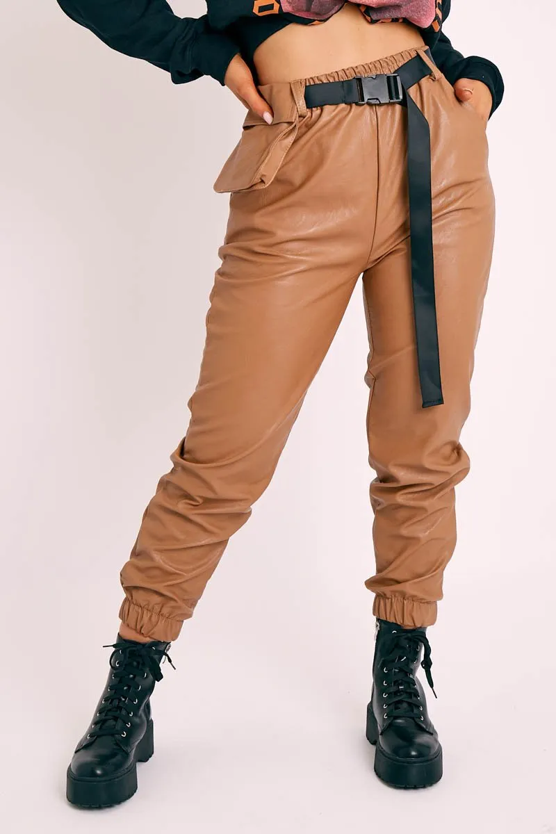 Camel Cargo Pouch Belted PU Joggers - Mishka