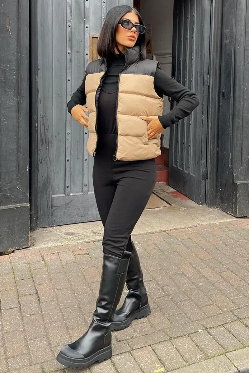 Camel Contrast Front Puffer Gilet - Mikenzie