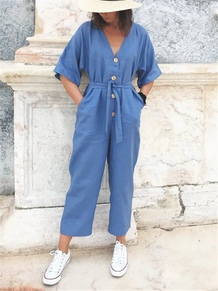 Casual Fashion Solid Color Decorative Buckle V Neck Jumpsuits