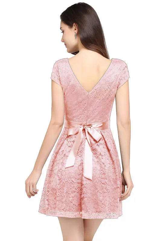 Chic Lace Mini Party Dress with Sash Cap Sleeves Short Formal Dress