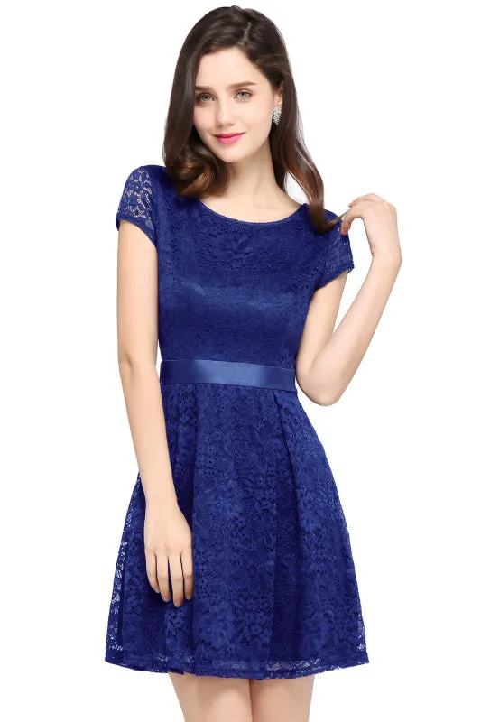 Chic Lace Mini Party Dress with Sash Cap Sleeves Short Formal Dress