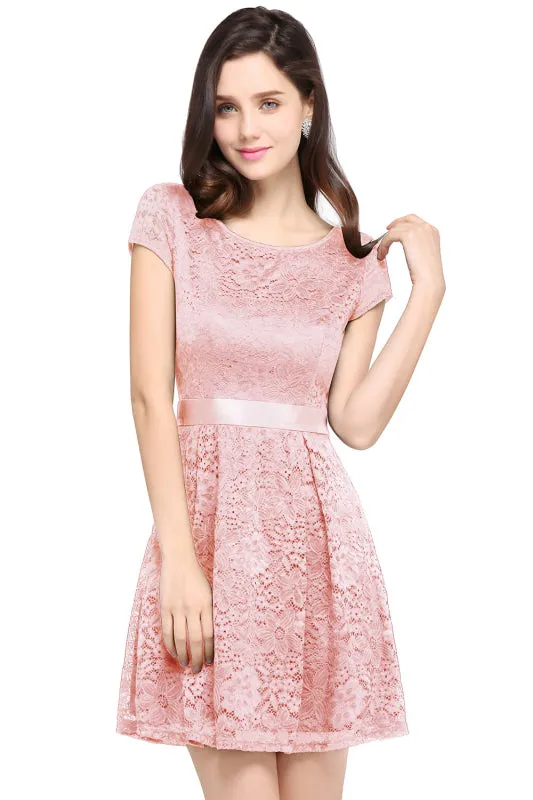 Chic Lace Mini Party Dress with Sash Cap Sleeves Short Formal Dress