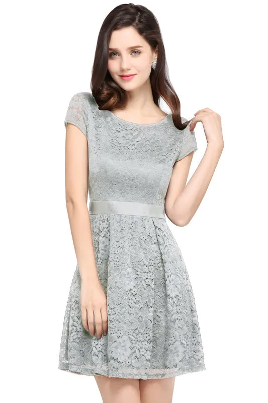 Chic Lace Mini Party Dress with Sash Cap Sleeves Short Formal Dress