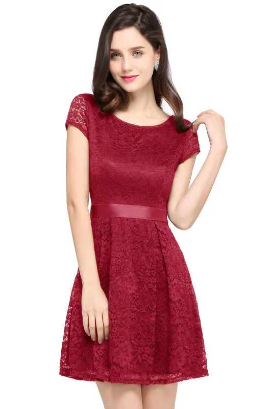 Chic Lace Mini Party Dress with Sash Cap Sleeves Short Formal Dress