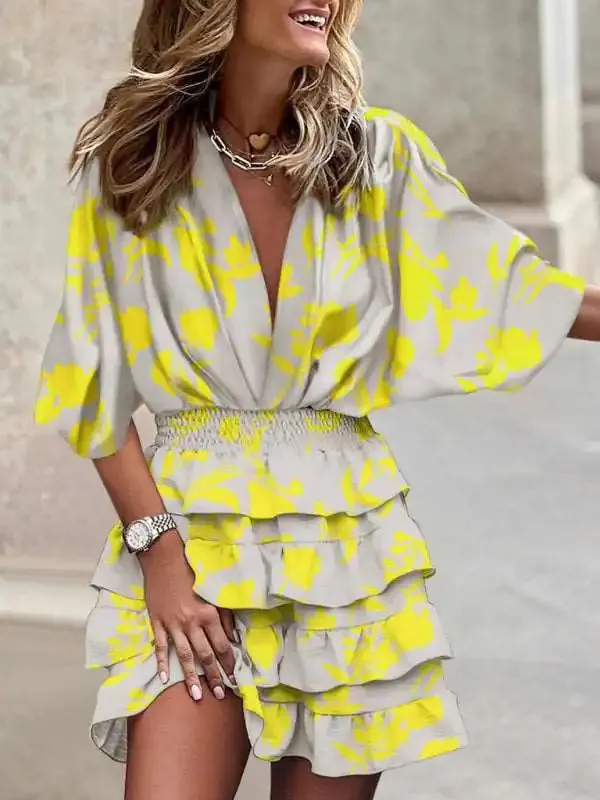 Dolman sleeve V-neck print irregular hem dress