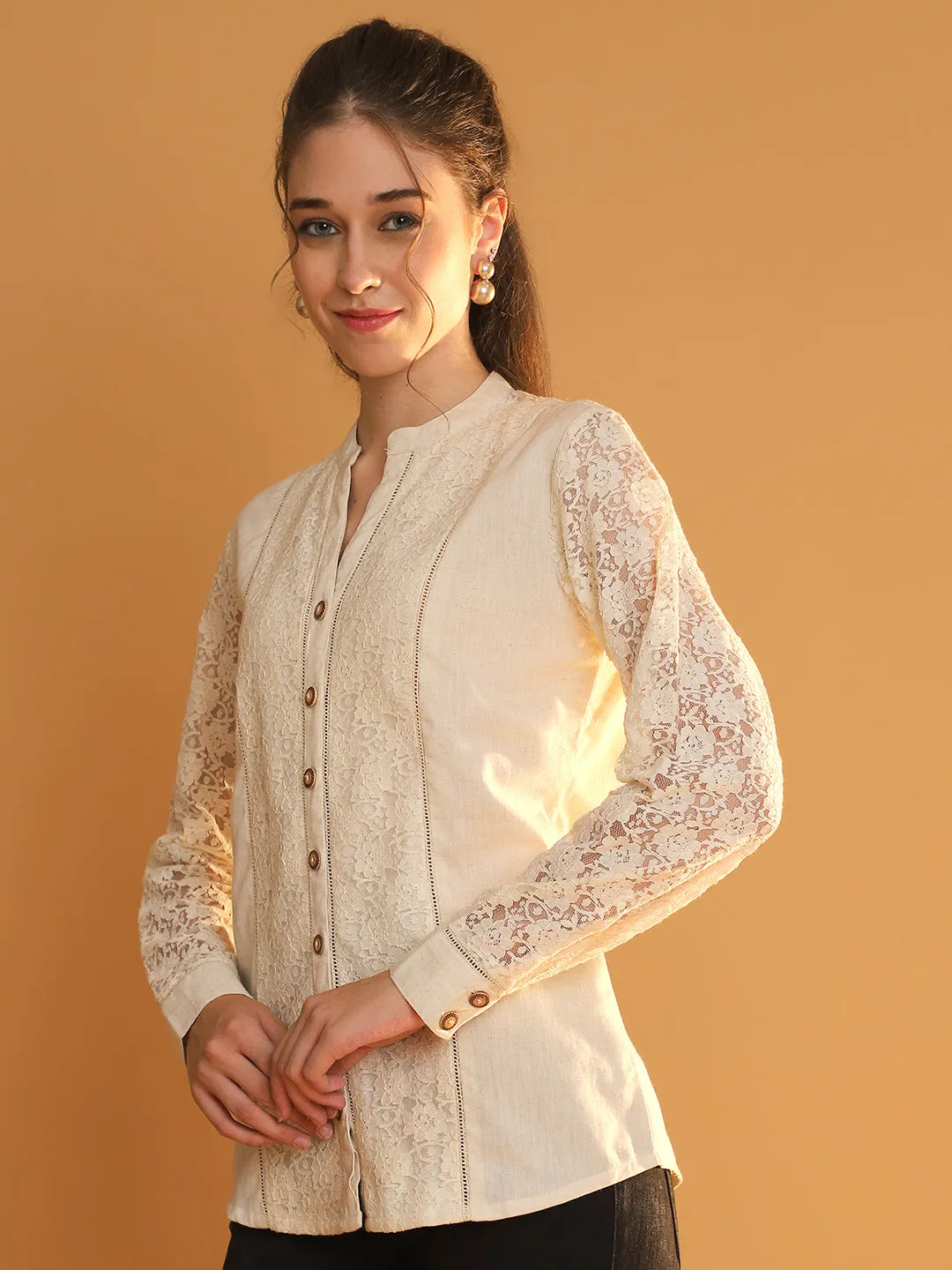 Elegant Full-Sleeve Off-White Lace Shirt with Mandarin Collar