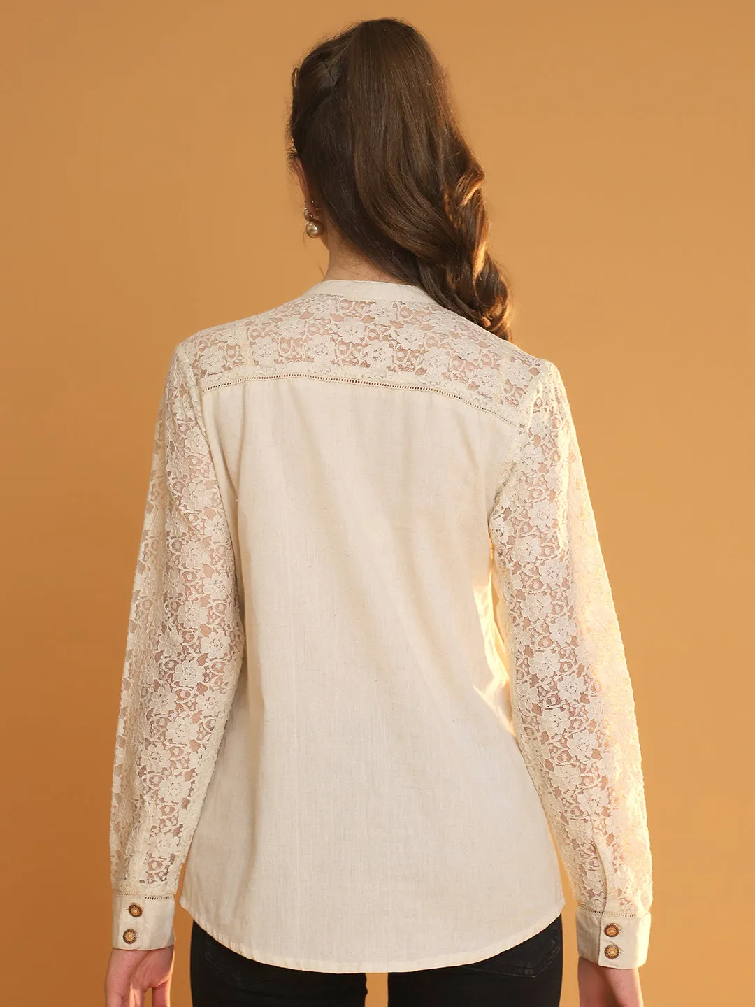 Elegant Full-Sleeve Off-White Lace Shirt with Mandarin Collar