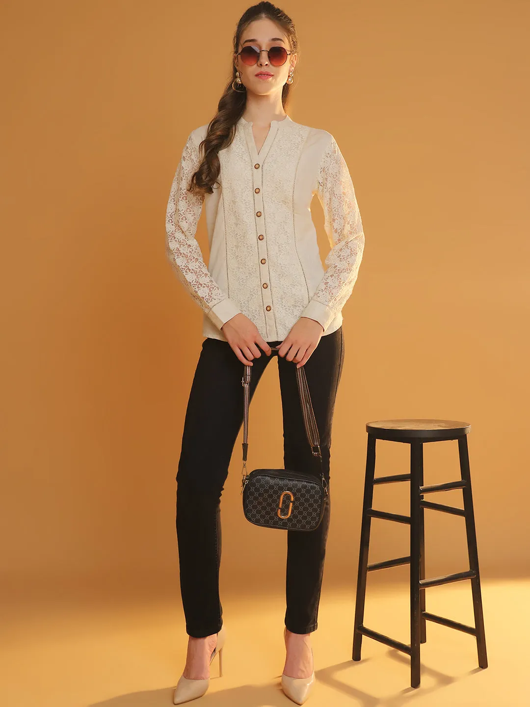 Elegant Full-Sleeve Off-White Lace Shirt with Mandarin Collar