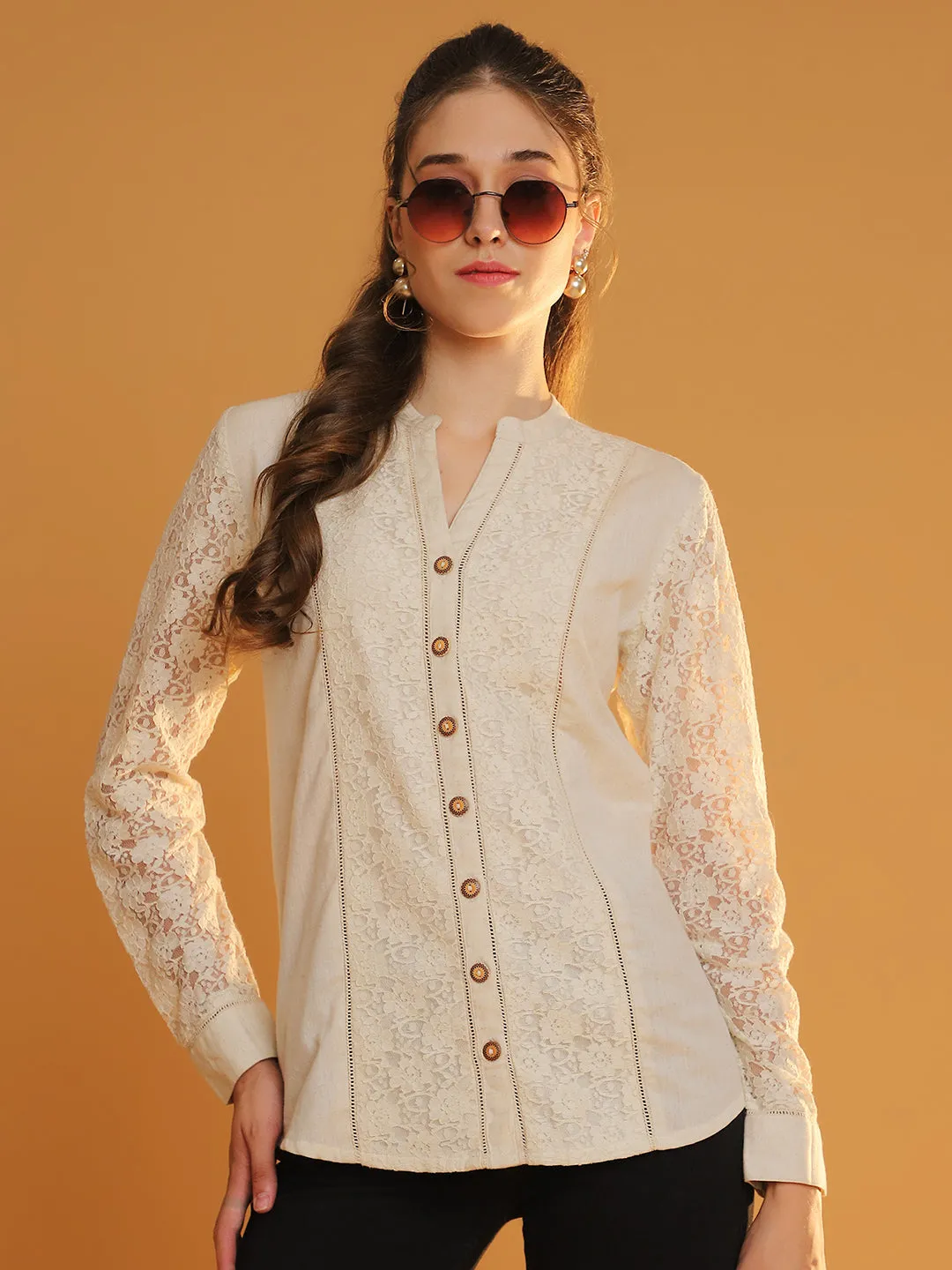 Elegant Full-Sleeve Off-White Lace Shirt with Mandarin Collar