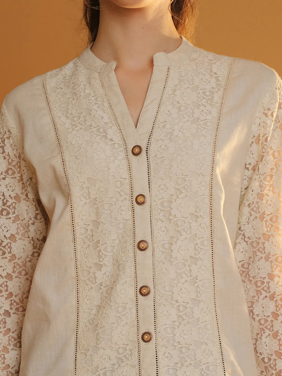 Elegant Full-Sleeve Off-White Lace Shirt with Mandarin Collar