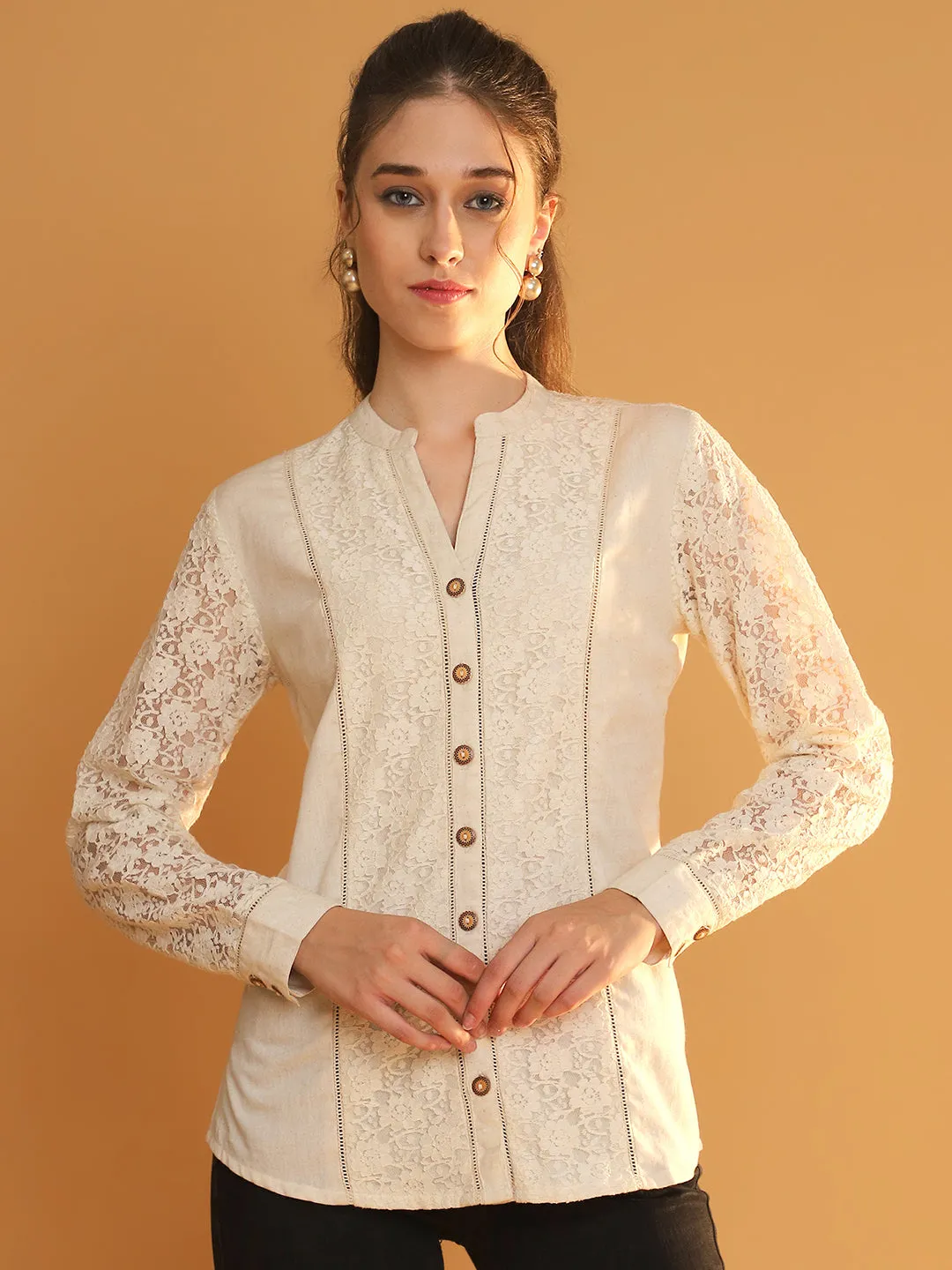 Elegant Full-Sleeve Off-White Lace Shirt with Mandarin Collar