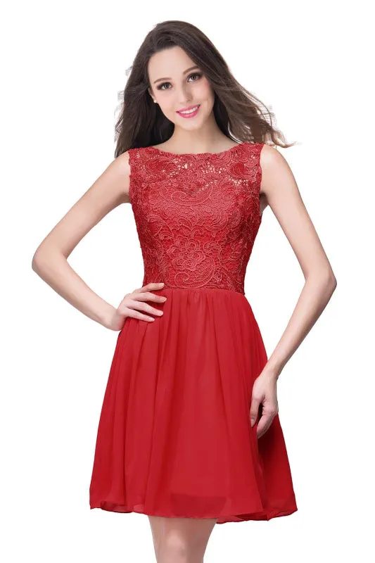 Elegant Sleeveless Chiffon Short Homecoming Dress Round Neck Floral Lace Mini Party Dress