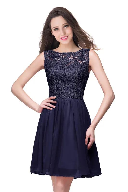 Elegant Sleeveless Chiffon Short Homecoming Dress Round Neck Floral Lace Mini Party Dress