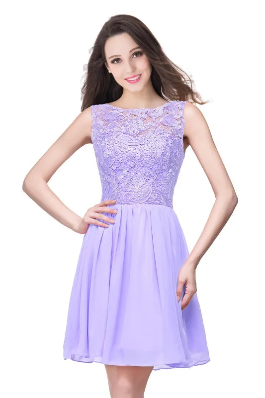 Elegant Sleeveless Chiffon Short Homecoming Dress Round Neck Floral Lace Mini Party Dress