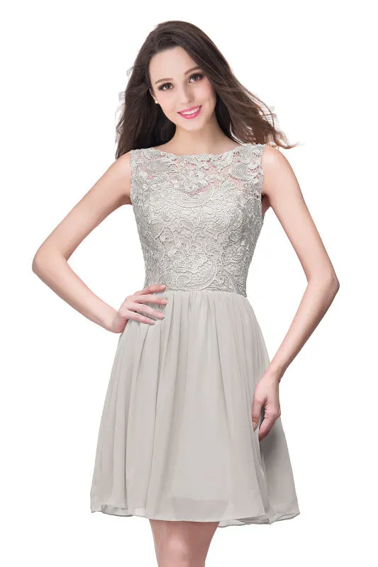 Elegant Sleeveless Chiffon Short Homecoming Dress Round Neck Floral Lace Mini Party Dress