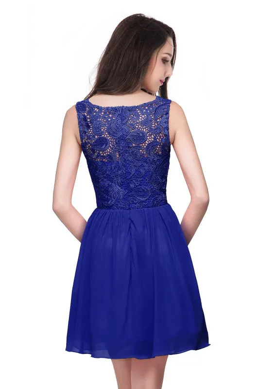 Elegant Sleeveless Chiffon Short Homecoming Dress Round Neck Floral Lace Mini Party Dress