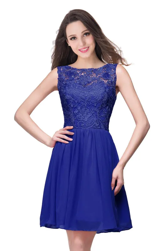 Elegant Sleeveless Chiffon Short Homecoming Dress Round Neck Floral Lace Mini Party Dress