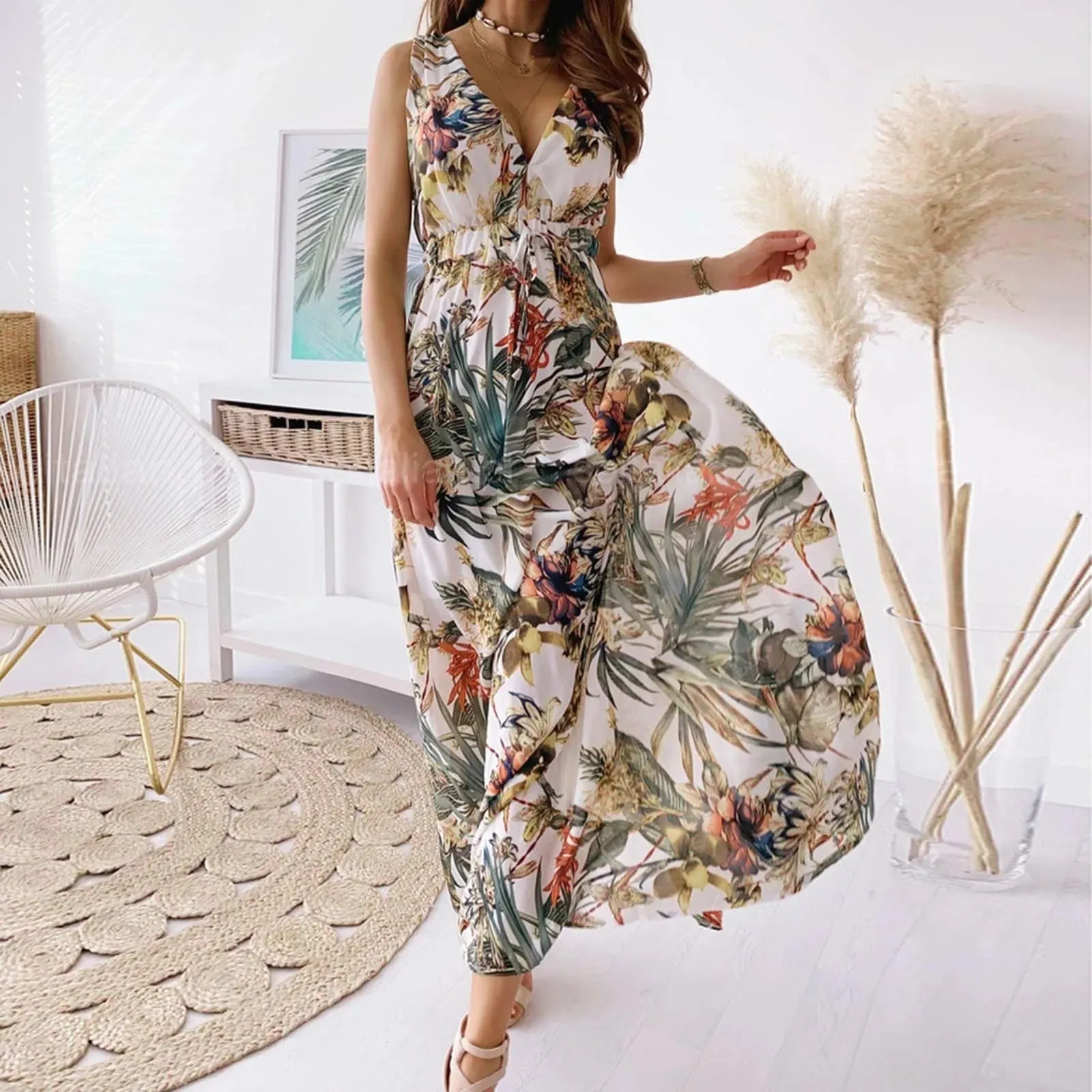 High Boho Fashion Long Waisted Neck Beach Sleeveless Printed Vintage V Tie Summer Dress