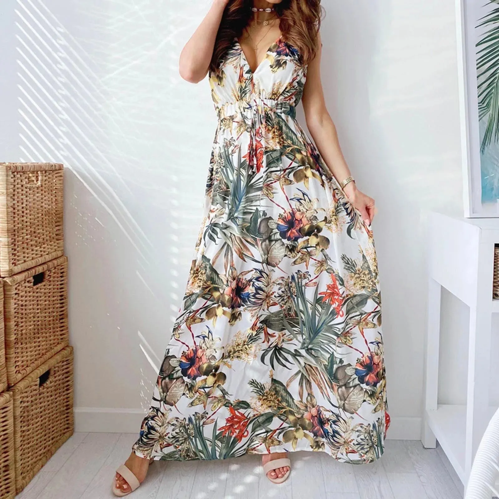 High Boho Fashion Long Waisted Neck Beach Sleeveless Printed Vintage V Tie Summer Dress