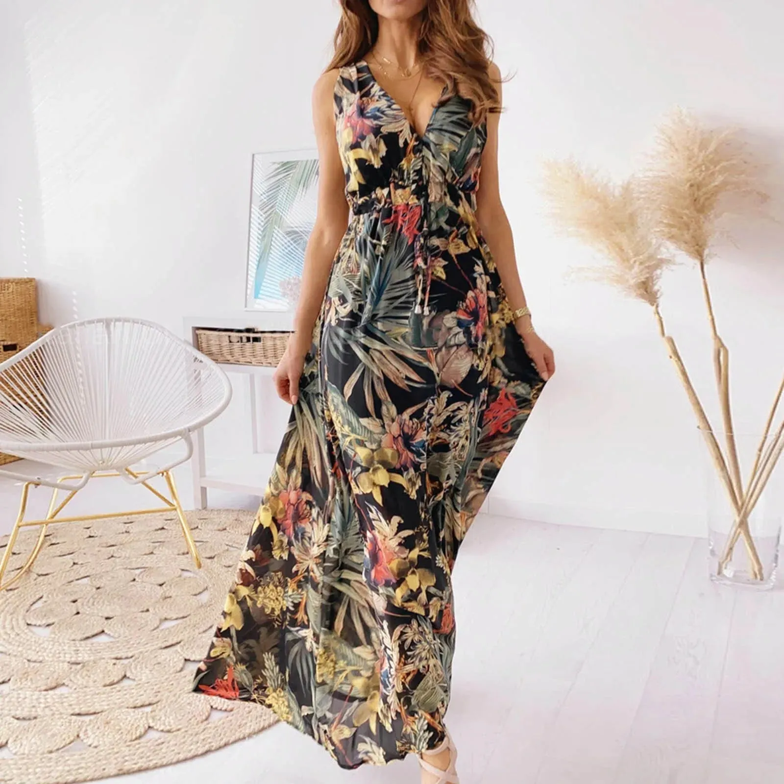 High Boho Fashion Long Waisted Neck Beach Sleeveless Printed Vintage V Tie Summer Dress